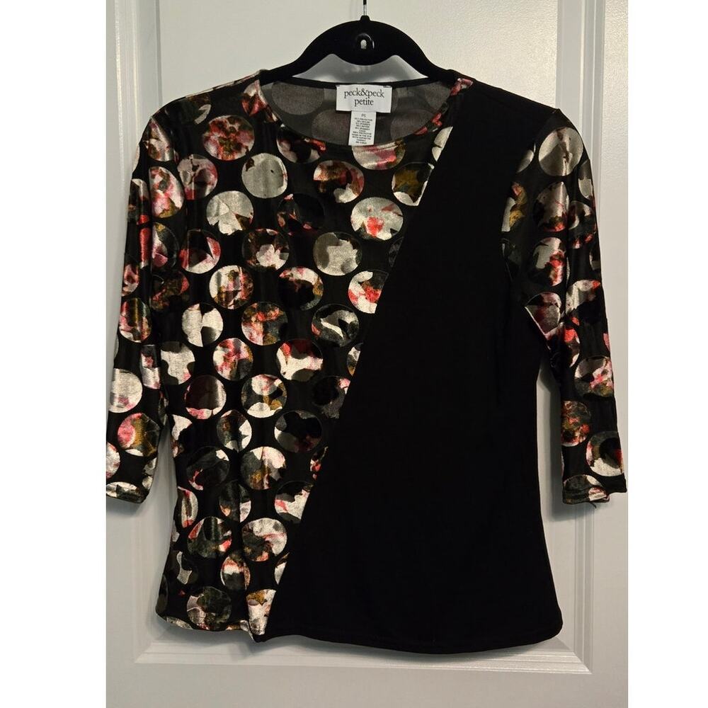 Peck & Peck Petite Womens PS 3/4 sleeve Black Sheer Velvet Mixed-Material Fairy